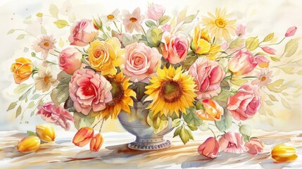 watercolor flower still life composition with a mix of garden roses, tulips, and sunflowers arranged in a vintage vase, capturing the essence of timeless beauty  