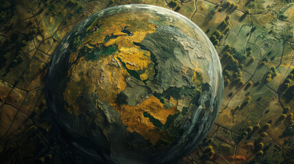 Dynamic portrayal of a globe, its surface a patchwork of fertile land and encroaching dark desolation,
