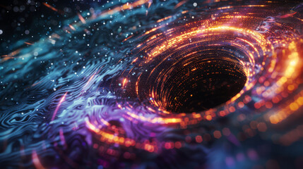 Dynamic portrayal of a digital black hole, pulling in streams of data and compressing them into the singularity,
