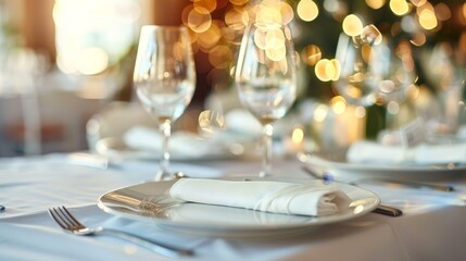 Luxurious dining table setting with wedding menu card mockup for upscale restaurant events