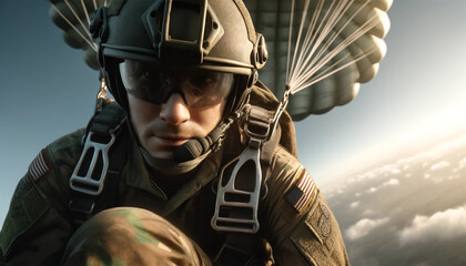Military parachutist smoothly descending with a fully open parachute. The parachutist's facial expression is concentrated. serenity, and their eyes are covered with tactical glasses, reflecting the va - obrazy, fototapety, plakaty