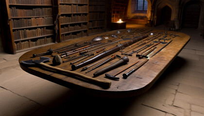 The surface of the table is covered with a variety of weapons and weapons from different periods to reflect the evolution of the conflict over time. From stone axes to modern firearms