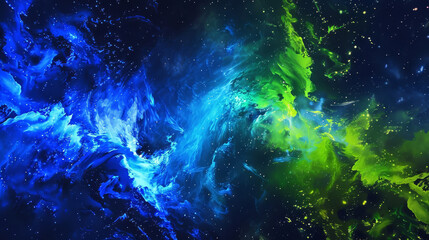 Obraz na płótnie Canvas High-resolution image of electric blue and neon green paints clashing, mimicking a celestial event in the night sky,