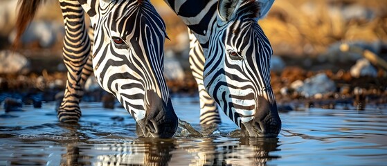 Captivating Zebras Quenching Thirst at Savannah Watering Hole Stripes Reflected in Peaceful Waters - obrazy, fototapety, plakaty