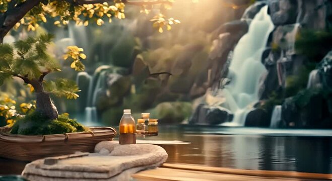 Rustic Zen spa, outdoor wooden platform bathed in dappled sunlight, bonsai tree, wicker basket of essential oils