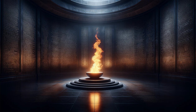 An image of a single eternal flame burning brightly in the center of a darkened room. The walls surrounding the flames are decorated with plaques and inscriptions in every language and culture, each r
