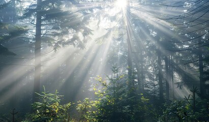 Majestic sunbeams breaking through misty forest foliage