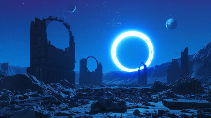 Artistic rendering of a cybernetic eclipse, where digital moons align to cast shadows over virtual landscapes,