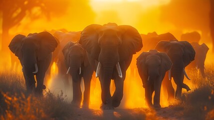 Majestic Herd of Elephants Trekking Through the Dust at Sunset Highlighting the Familial Bonds and in the Serene African Wilderness