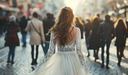 Elegant woman in white dress walks down crowded street backlit by sunlight