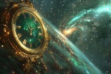 Surreal infinity time spiral in space, antique old clock abstract fractal spiral. Time travel concept. Abstract glow plasma distortion refraction of space, stars, black hole wormholes