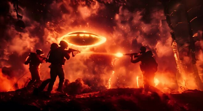 Realistic cinematic photograph depicting soviet union soldiers firing at a UFO, dark