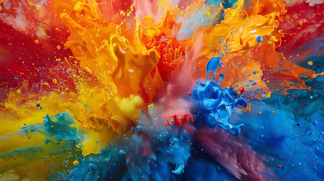 High-resolution portrayal of an abstract painter palette exploding, sending waves of color splashing outward,
