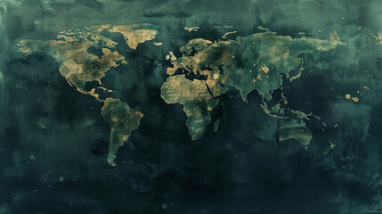 Artistic rendering of a world map, with areas most affected by climate change marked in deep, somber tones,