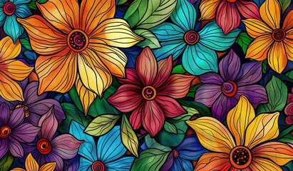 Vibrant floral pattern with colorful stained glass style