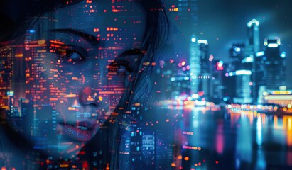Digital portrait of a young Asian woman with futuristic city backdrop