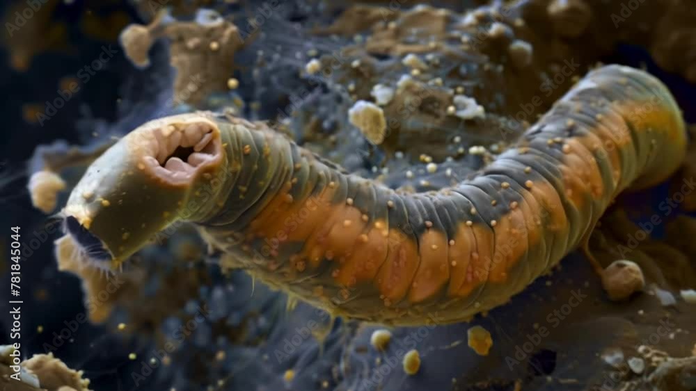 Poster A colorized SEM scanning electron microscope image of a soil nematode allowing for a detailed examination of its rugged exterior and . AI generation.