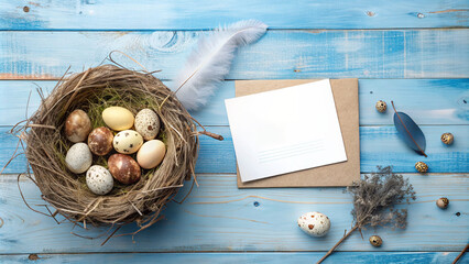 Design a minimalist Easter banner featuring feathered eggs in a nest on a blue wooden background. Capture the scene from a top view and include a card with space for a personalized message.