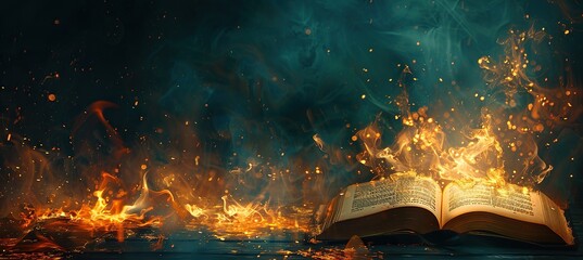 Enigmatic book engulfed in flames against a dark background - obrazy, fototapety, plakaty