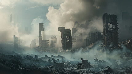 Concept art of the silent aftermath of a tech explosion, with remnants of digital aspirations scattered in the dust, - obrazy, fototapety, plakaty