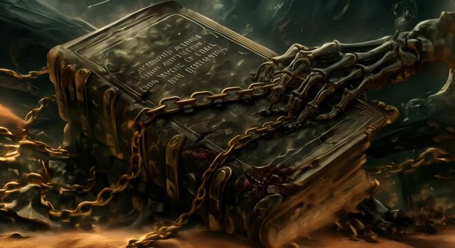 crest of a chained book being clawed at by undead hands.