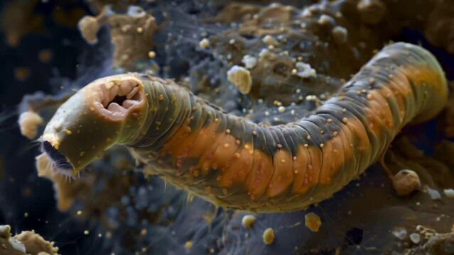 A colorized SEM scanning electron microscope image of a soil nematode allowing for a detailed examination of its rugged exterior and . AI generation.