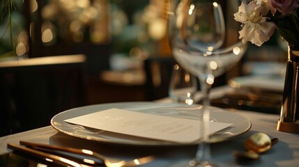 Fototapeta na wymiar Luxurious fine dining table setting for wedding menu invitation card mockup at an elegant restaurant