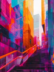 Urban abstraction: Modern buildings in a colorful geometric layout.