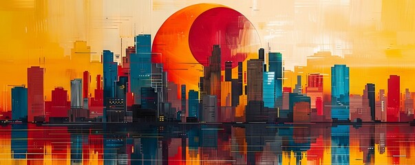 Geometric shapes and bold colors define this abstract cityscape. - obrazy, fototapety, plakaty
