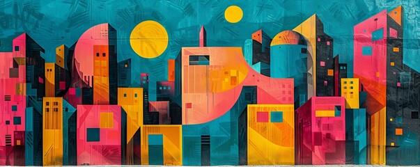 Geometric shapes and bold colors define this abstract cityscape.