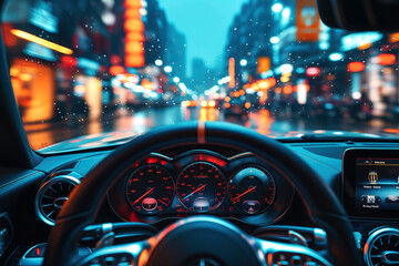 dashboard, steering wheel and speedometer in car close up. Interior salon of a modern car on the...