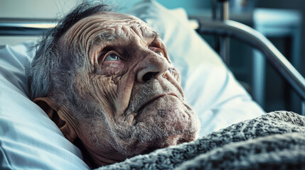 An elderly man lays in a hospital bed, surrounded by the quiet hum of life-saving machines, a study in stillness and resilience - obrazy, fototapety, plakaty