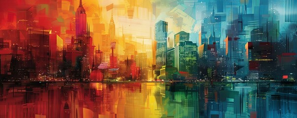 Colorful abstract buildings creating a dynamic cityscape backdrop.