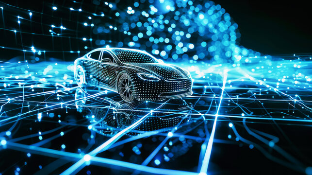 A sleek electric car is featured in the center of a digital landscape, blending technology and transportation