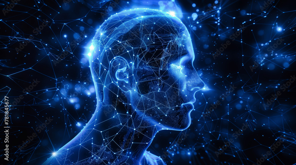 Poster a mans head surrounded by intricate lines and dots, symbolizing the complex web of connections withi