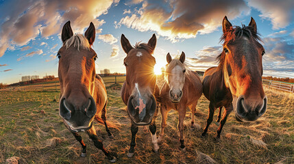A group of horses stand elegantly on a lush green field, exuding a sense of freedom and tranquility...