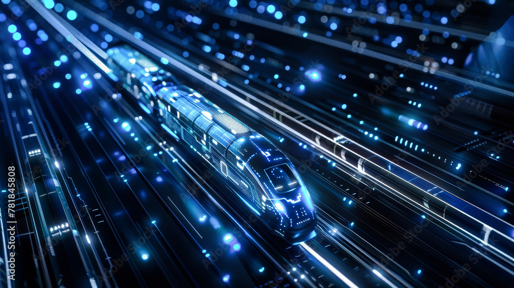 Poster a modern train is seen traversing through a tunnel illuminated by vivid blue lights, creating a capt