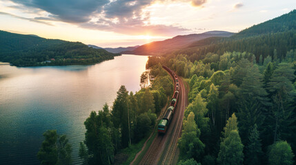 A train travels along the tracks cutting through a dense, green forest filled with tall trees and lush vegetation - obrazy, fototapety, plakaty