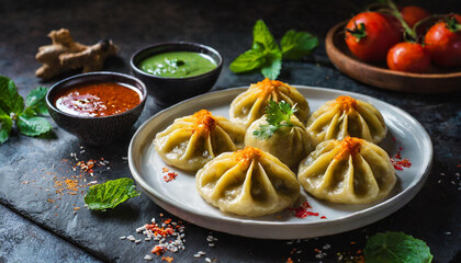 Spicy momos wth sauce.