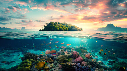 A tropical coral reef is visible underwater with the sun setting in the background - obrazy, fototapety, plakaty