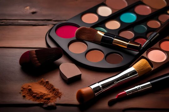 Makeup palette and lipstick with brush on a table and brown background