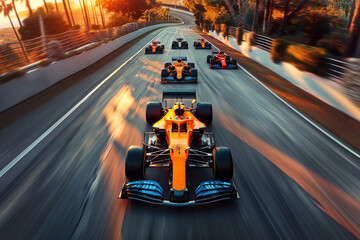 Racing cars are driving on track in Formula One race - obrazy, fototapety, plakaty