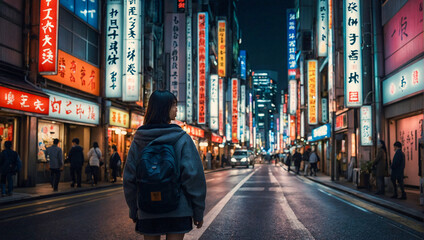 beautiful young japanese woman stands on the neon-lit streets of a large city - obrazy, fototapety, plakaty