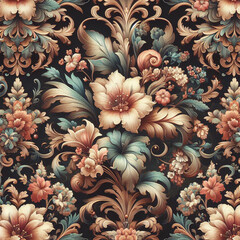 Fototapeta premium Beautiful floral elegant swirls damask fabric seamless pattern of hand drawn flowers with decorative dark vintage with colorful wallpaper background