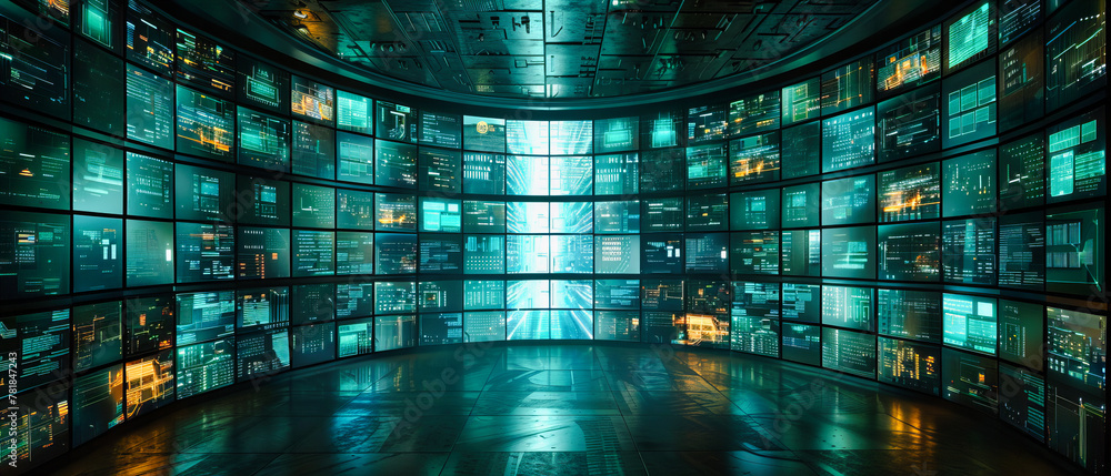 Aufkleber technology network control room, digital communication and information concept, futuristic server an
