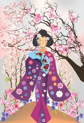 spring composition with a Japanese girl who is dressed in a traditional Japanese costume - 781847494