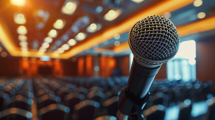 A microphone in a corporate conference room with a sleek - obrazy, fototapety, plakaty