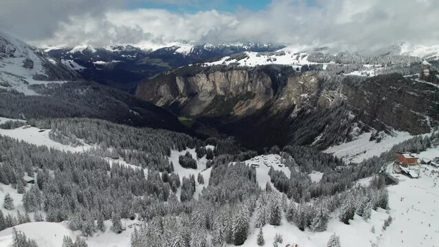 French alps in winter, near Morzine. Aerial nature landscape shot, 4K