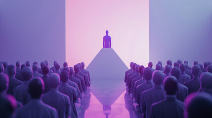 A purple wooden figure surrounded by grey ones standing on a triangular podium in an art gallery - obrazy, fototapety, plakaty