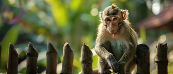 Macaque sitting on a fence - Powered by Adobe